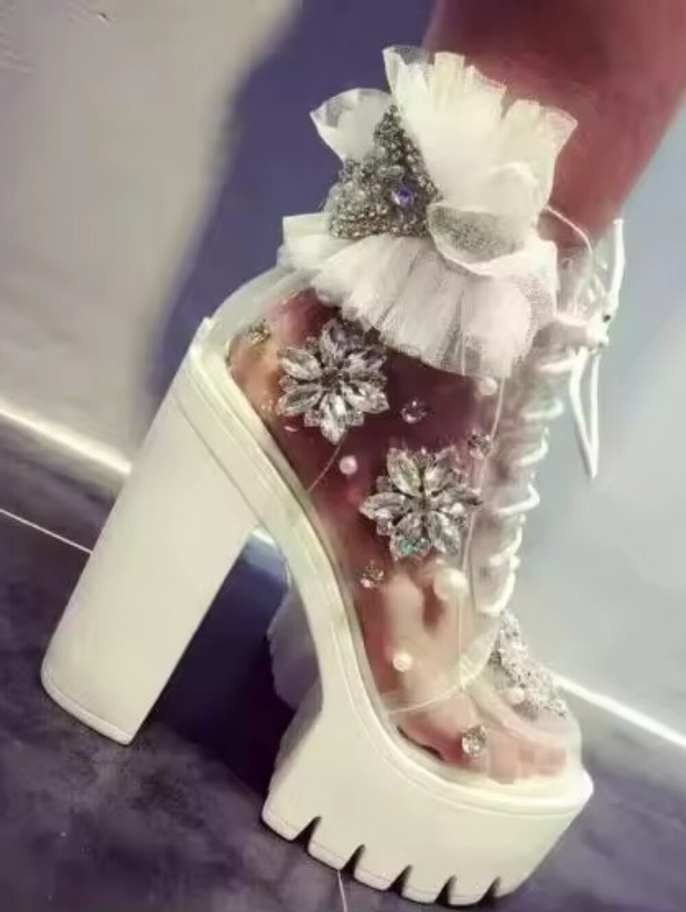 Devine Luz White Embellished Clear Beautiful Platform Heels